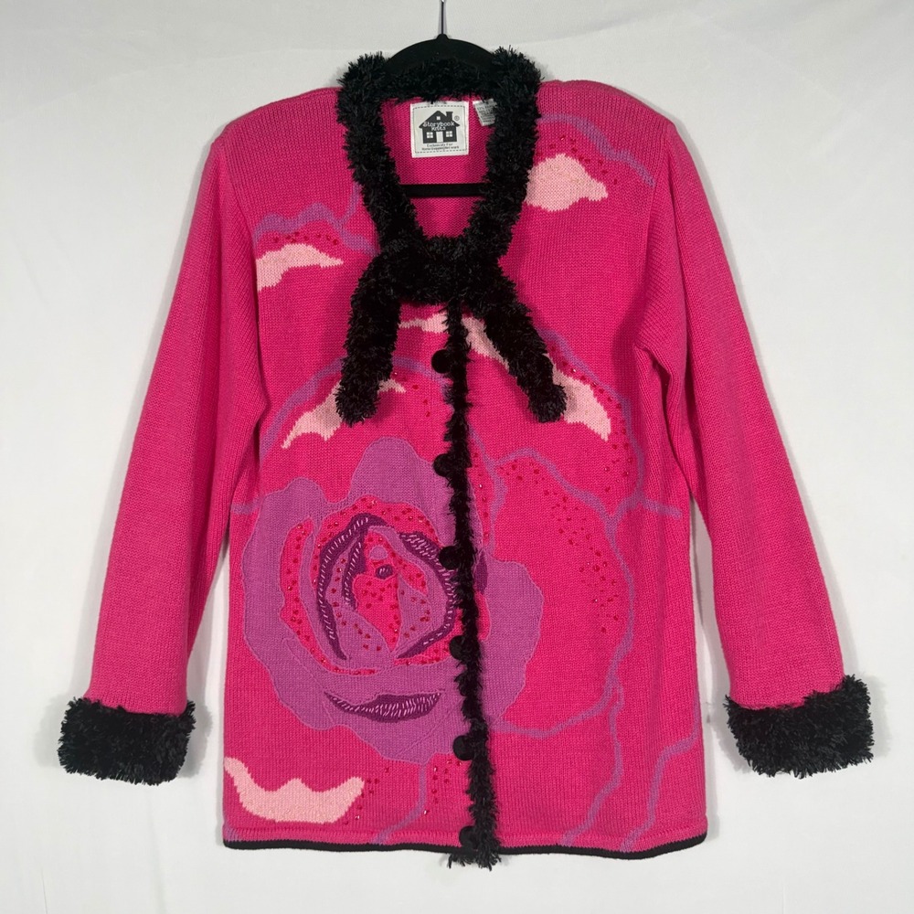 Vtg 90s Storybook Knits Pink Rose Beaded Knit Cardigan Sweater‎ Faux Fur Trim Sm